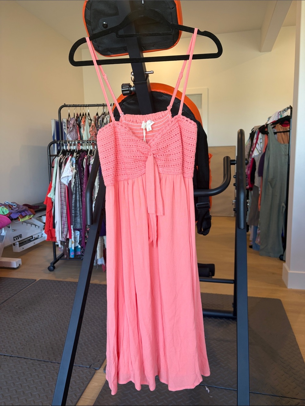 Hem & Thread Coral Pink Crochet-Bust Spaghetti-Strap Maxi Dress
